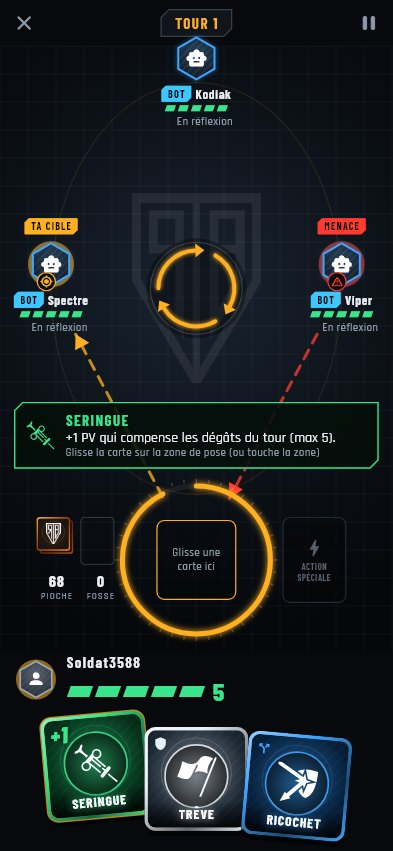Une partie de Rebattle sur mobile : la table, les adversaires et la main du joueur