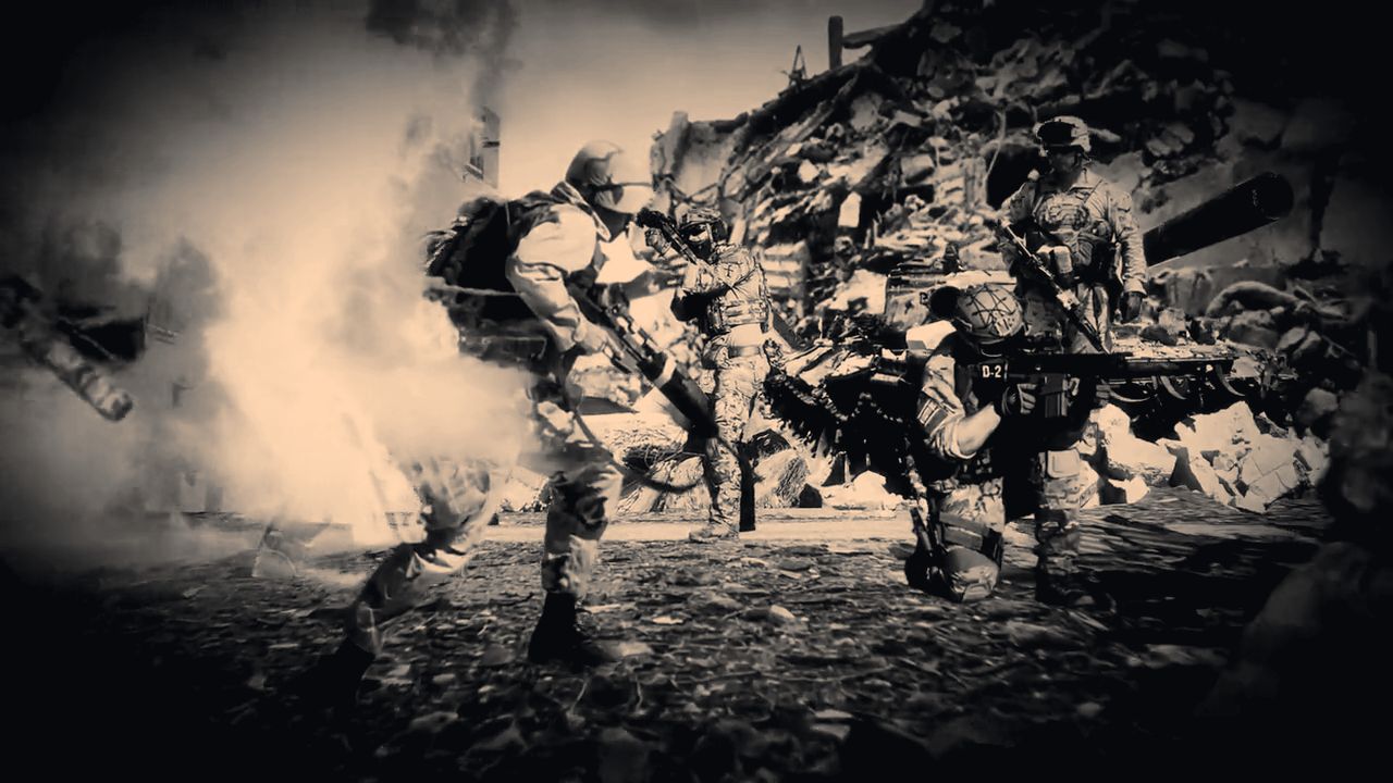 Soldats à l'assaut dans les ruines, ambiance Rebattle